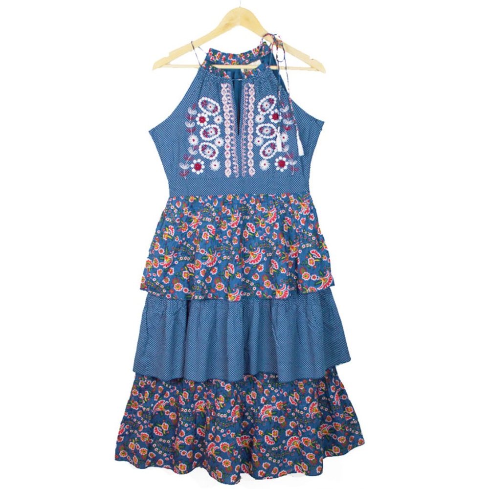 Kopal Izzy Boho Anthropologie Blue Foliage Triple Tiered Dress Medium - Picture 2 of 12